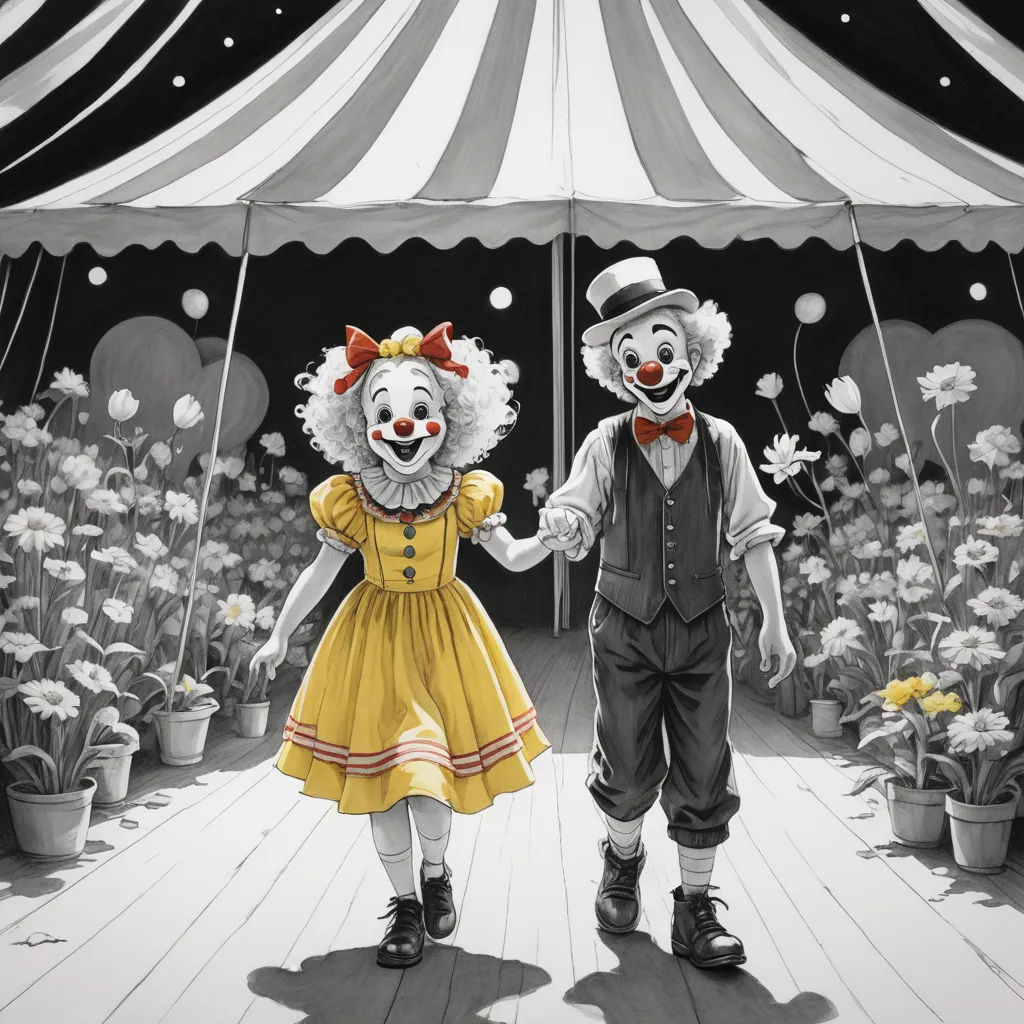 a couple of clowns walking down a street next to a tent with flowers on it and a man in a top hat, pop surrealism, an ultrafine detailed painting, Brian Despain, highly detailed digital painting
