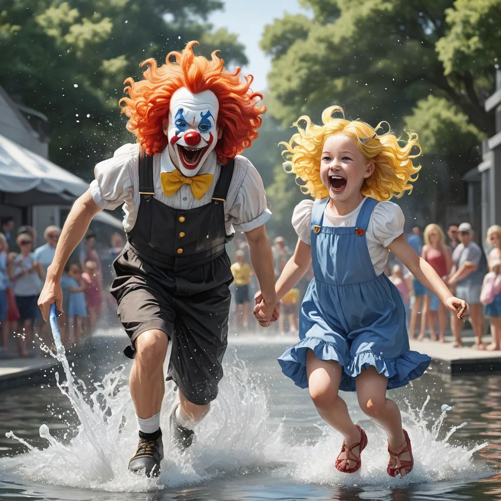 a couple of kids running through a body of water with a clown mask on their head and a clown mask on their face, kitsch movement, a stock photo, Bob Byerley, promotional image