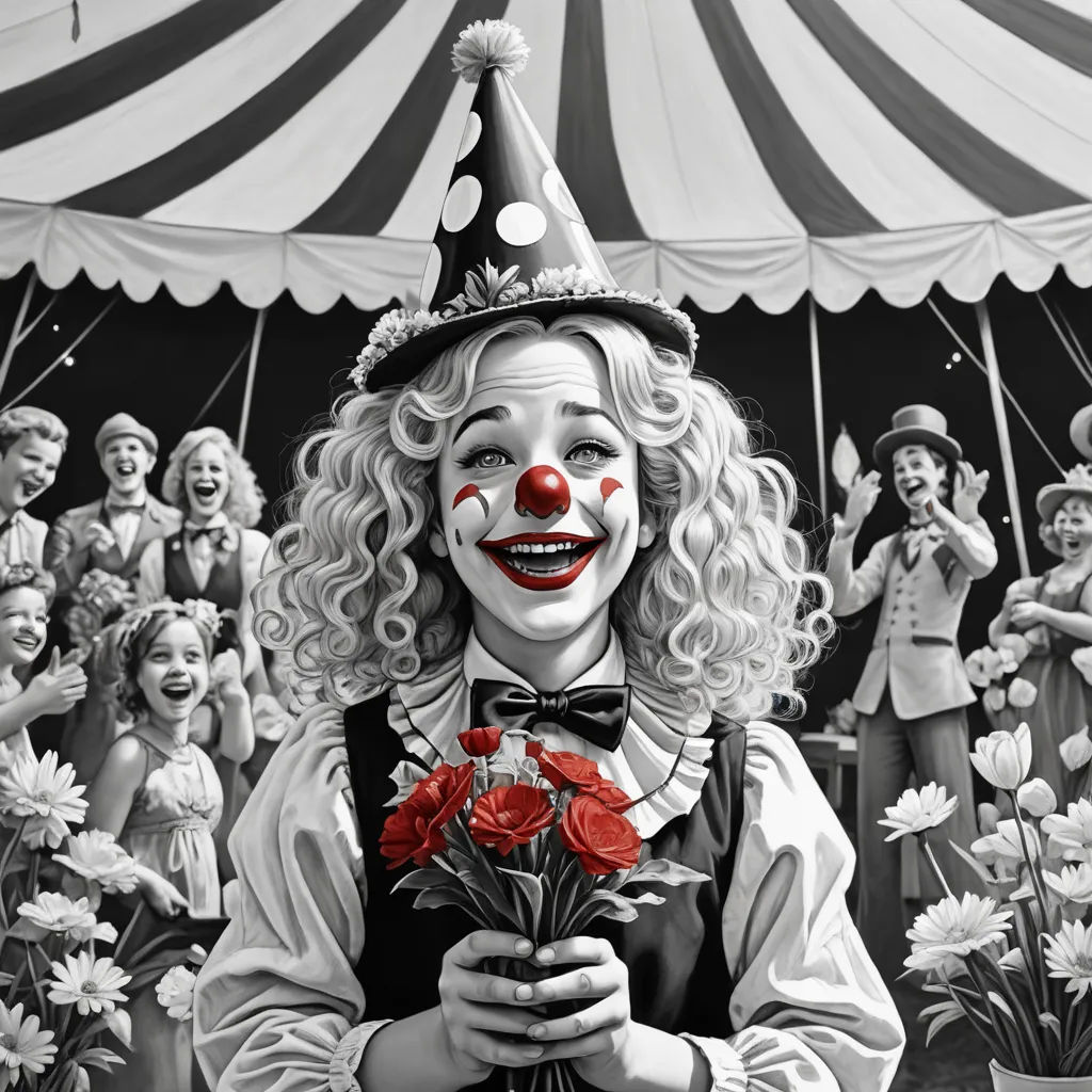 a clown holding a bouquet of flowers in front of a crowd of people wearing clown makeup and clown hats, hyperrealism, an ultrafine detailed painting, Brad Kunkle, highly detailed digital painting