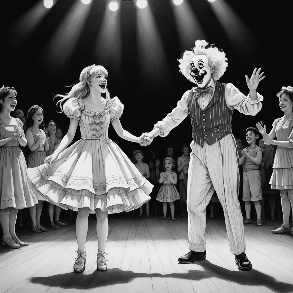 a couple of people that are dancing on a stage with a crowd of people watching them dance together in front of a crowd, american scene painting, a storybook illustration, Clarice Beckett, promotional image