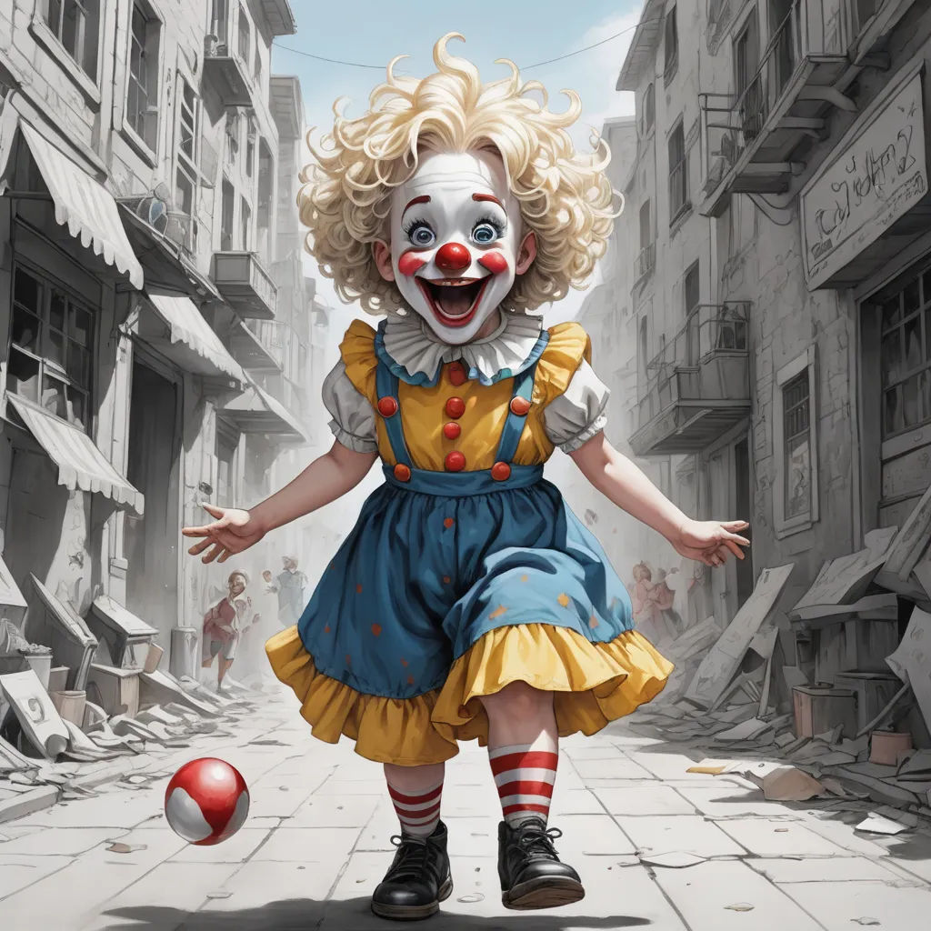 a creepy clown is playing with a ball in the street of a city street with buildings and people in the background, fantastic realism, a digital painting, Bob Byerley, trending on art station