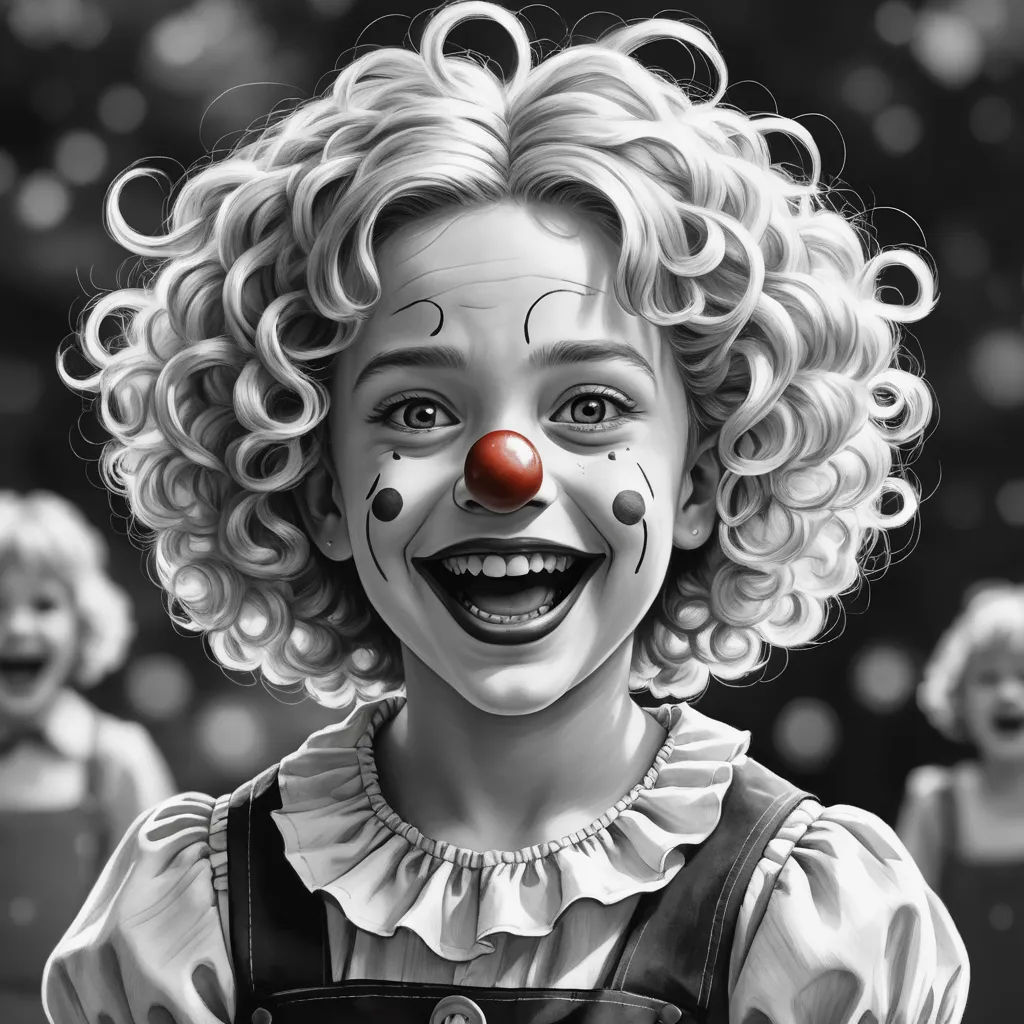 a drawing of a clown with a clown nose and curly hair, smiling at the camera, with other clowns in the background, photorealism, an ultrafine detailed painting, Bob Byerley, highly detailed digital painting