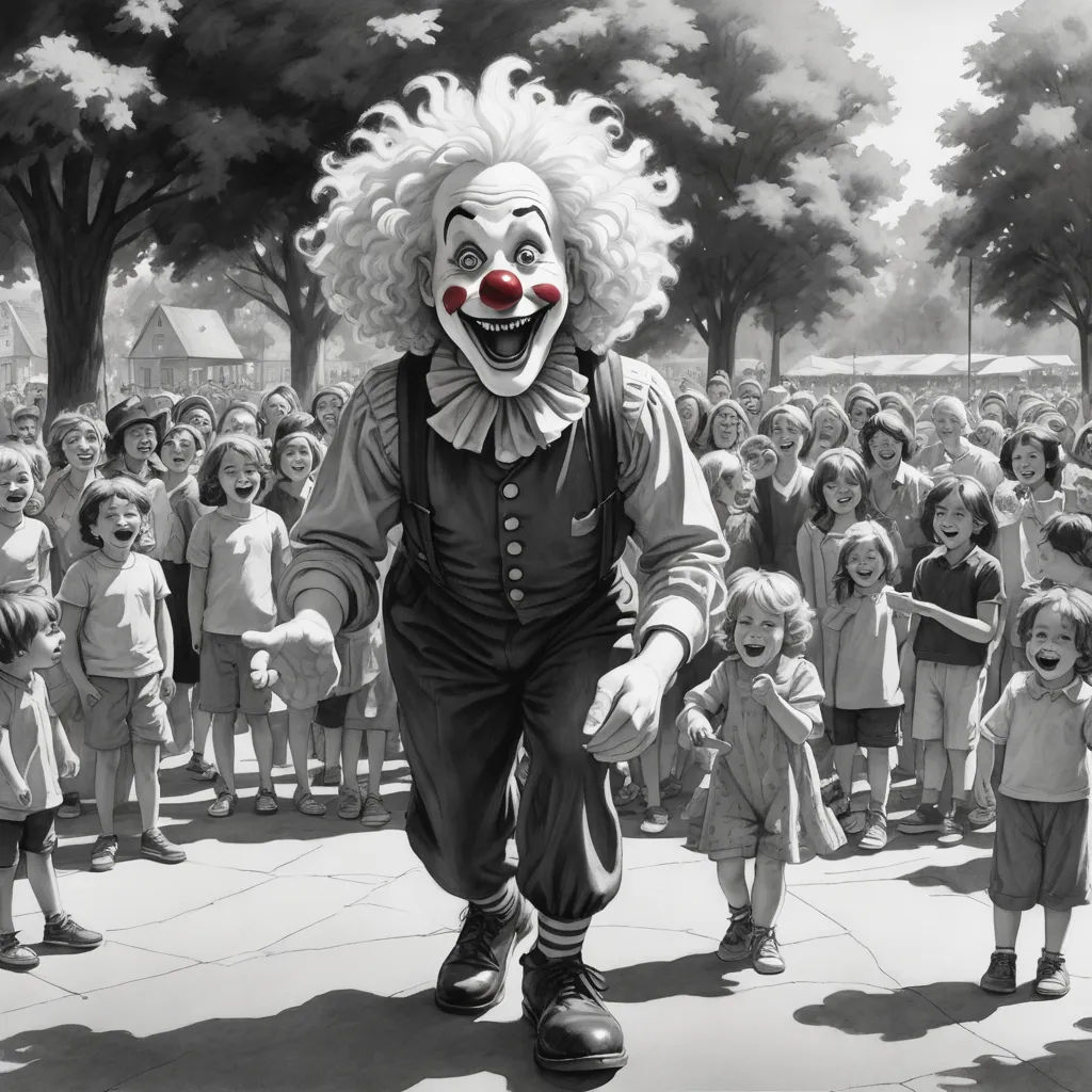 a clown is walking in front of a crowd of children in a park with trees and buildings in the background, fantastic realism, an ultrafine detailed painting, Bob Byerley, cheerful
