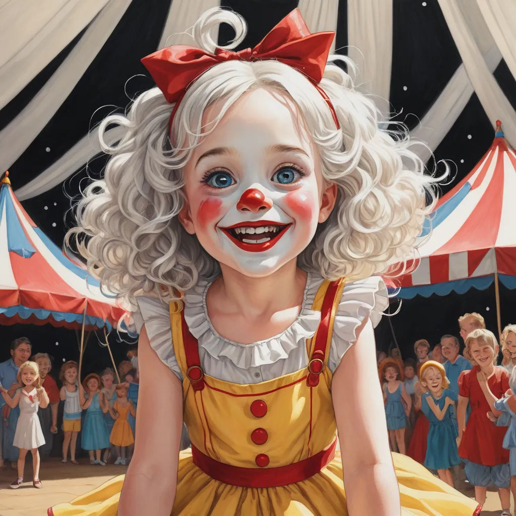 a painting of a girl with clown makeup and a clown nose and dress, with a crowd of children in the background, pop surrealism, an ultrafine detailed painting, Bob Byerley, stanley artgerm lau