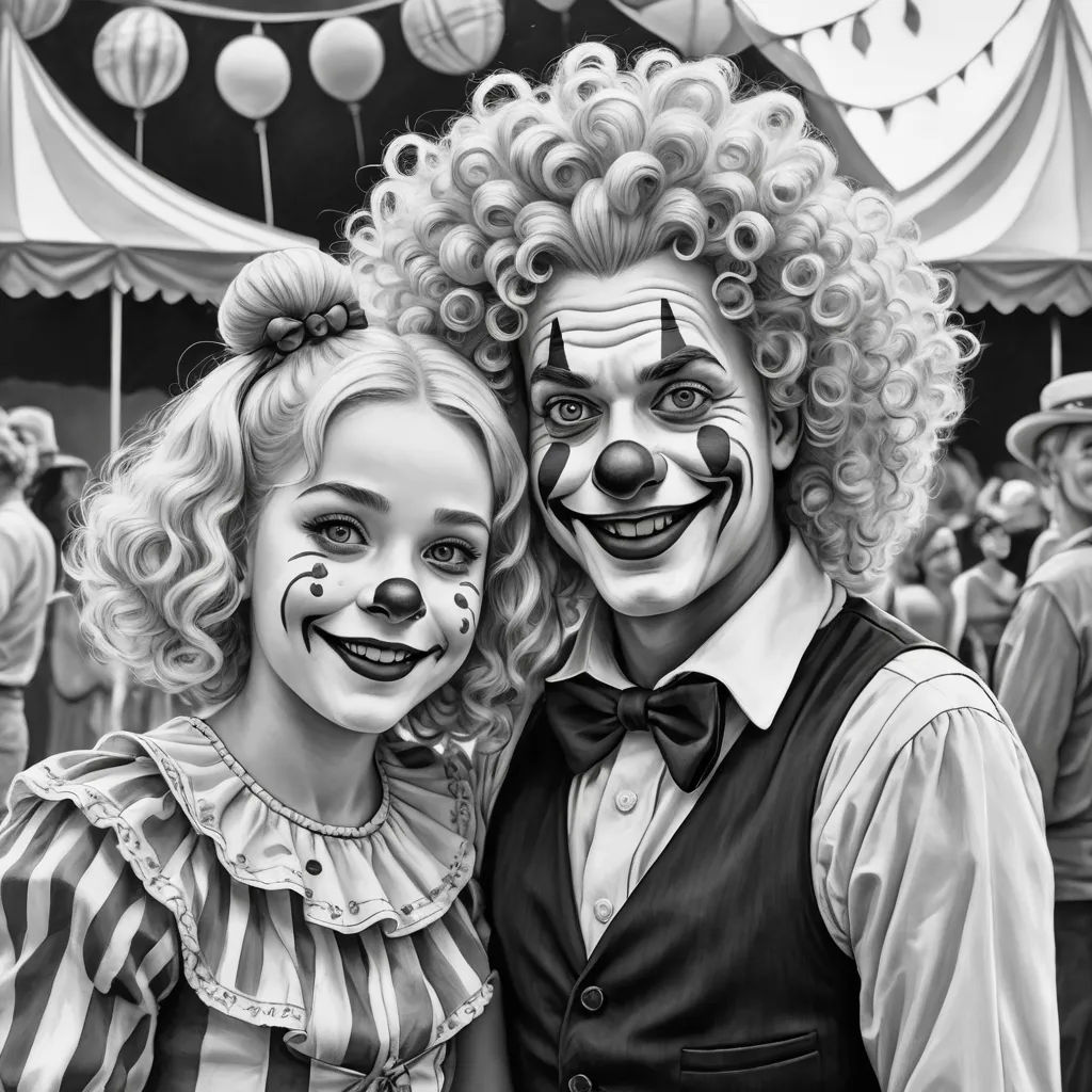 a couple of clowns are posing for a picture together in front of a circus tent with balloons and balloons, photorealism, a photorealistic painting, Bob Byerley, highly detailed digital painting