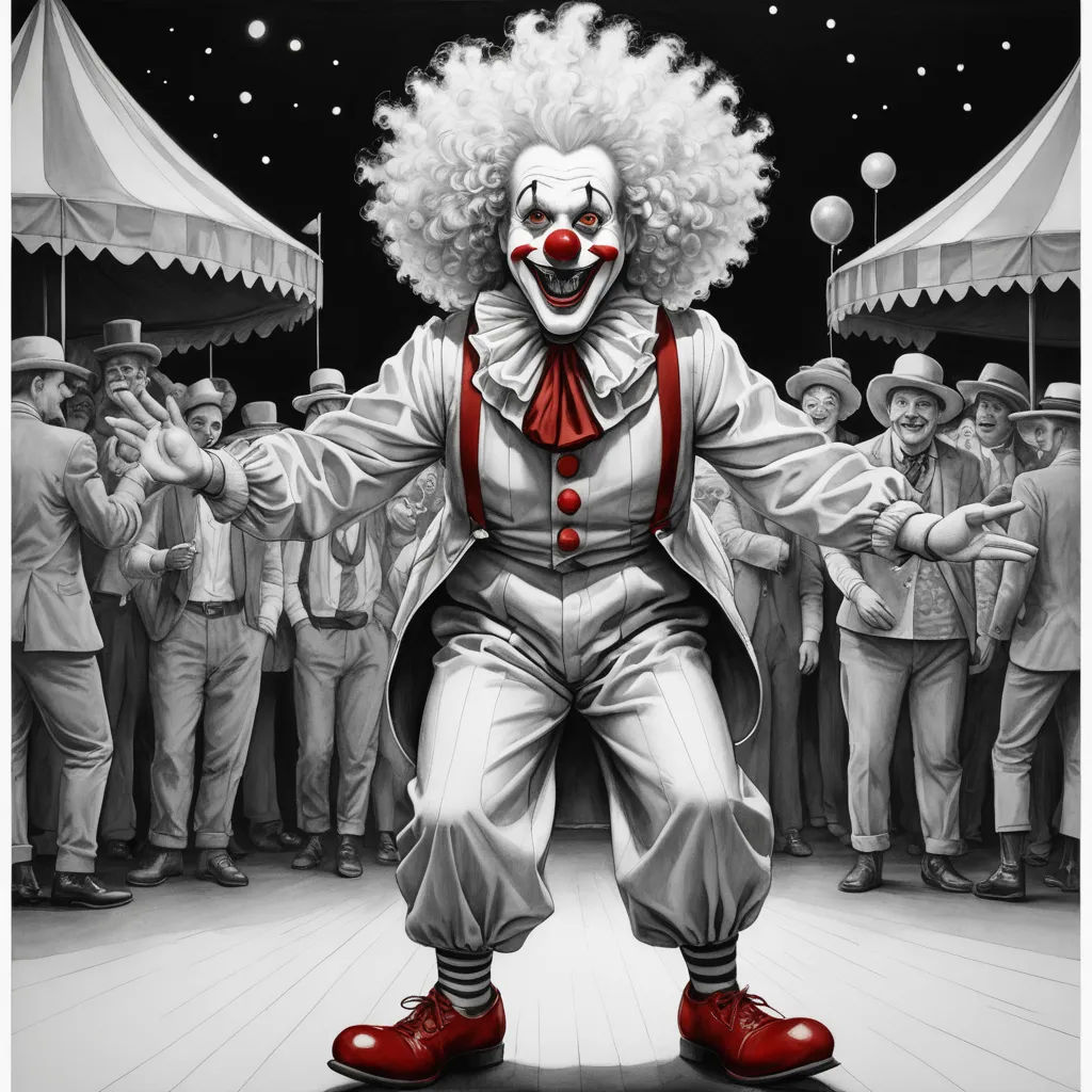 a clown with a red clown nose and red shoes standing in front of a crowd of people wearing clown makeup, pop surrealism, an ultrafine detailed painting, Art Spiegelman, highly detailed digital painting
