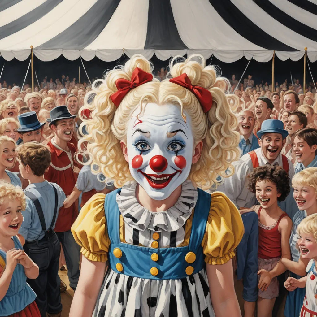 a painting of a clown surrounded by children in a circus tent with a crowd of clowns in the background, fantastic realism, a photorealistic painting, Bob Byerley, highly detailed digital painting