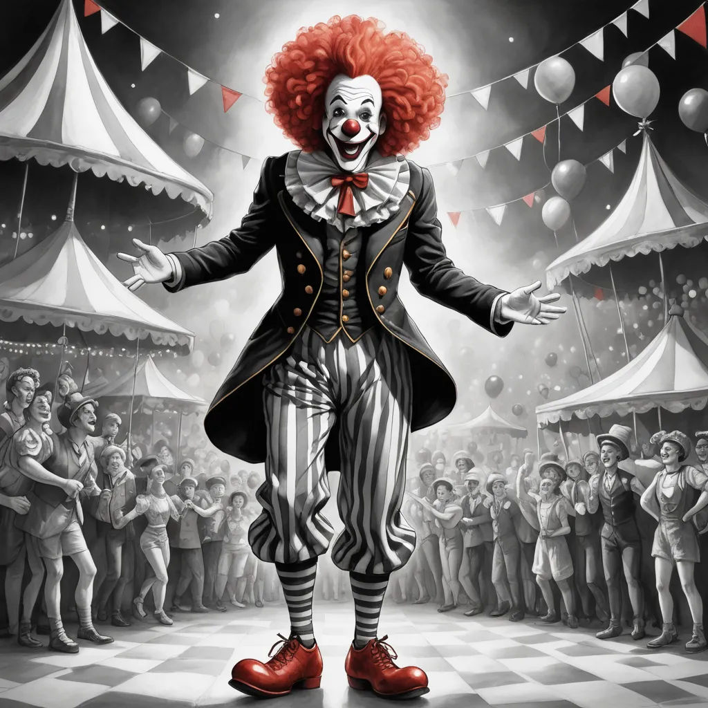 a clown with red hair and a red wig standing in front of a crowd of people in a circus, pop surrealism, an ultrafine detailed painting, Dirk Crabeth, highly detailed digital painting