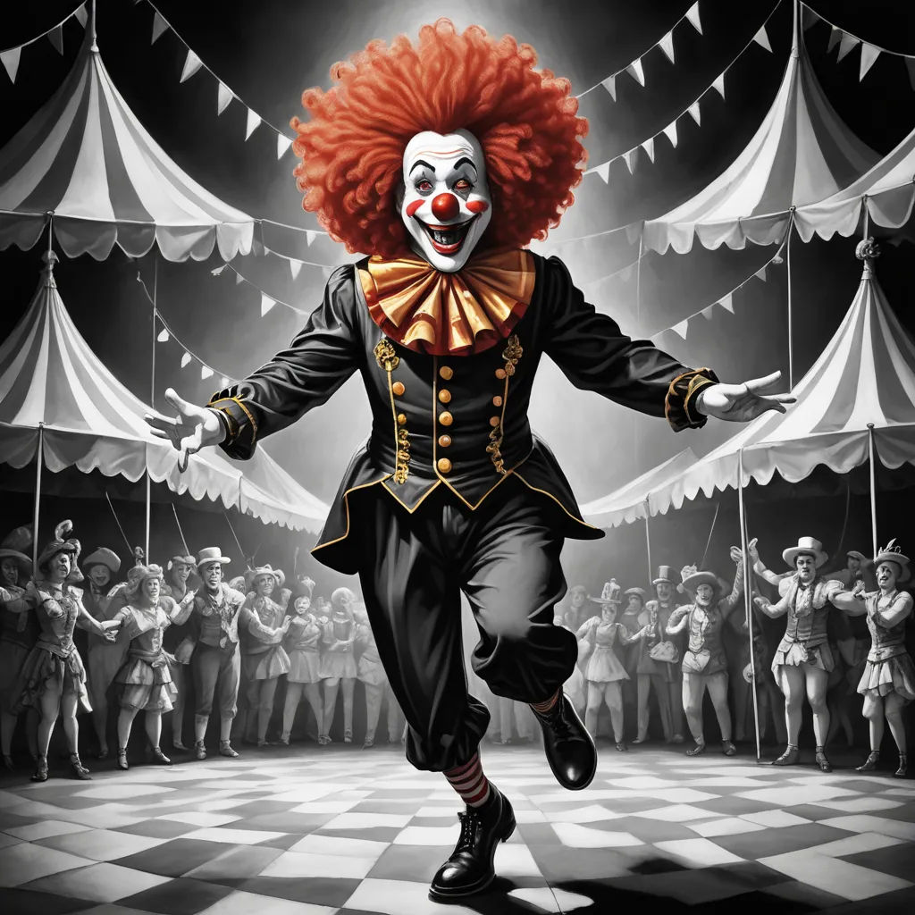 a clown is dancing in front of a crowd of people in a circus tent with flags and flags hanging from the ceiling, pop surrealism, an ultrafine detailed painting, Dirk Crabeth, behance hd
