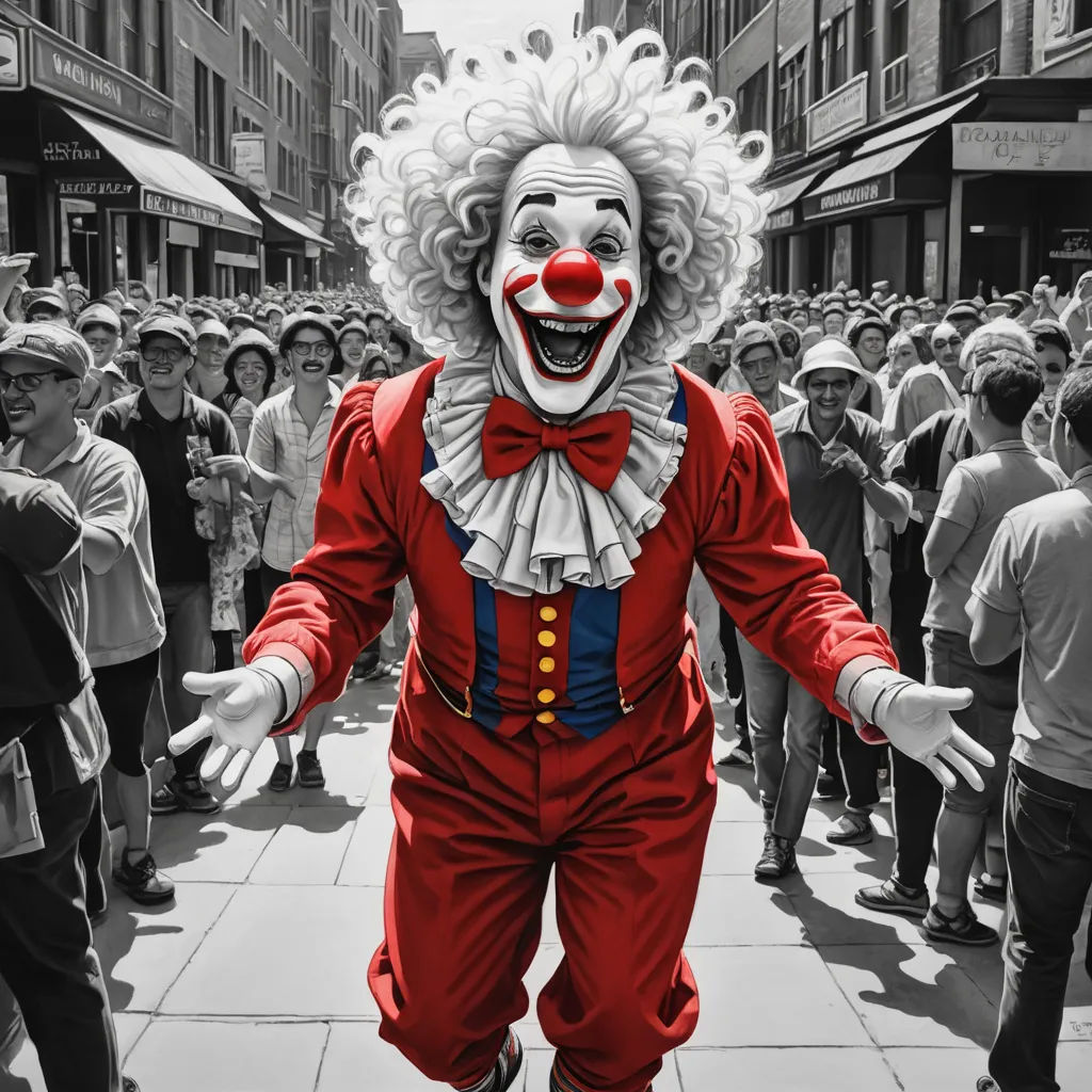 a clown is walking down a crowded street in a clown mask and red pants and a red wig and red nose, art photography, a colorized photo, Bernd Fasching, ultra realistic digital art