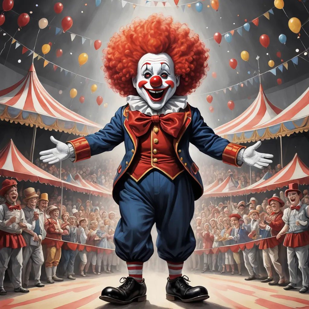 a clown with a red wig and a red clown nose standing in front of a circus tent with balloons, fantastic realism, an ultrafine detailed painting, Bob Byerley, highly detailed digital painting