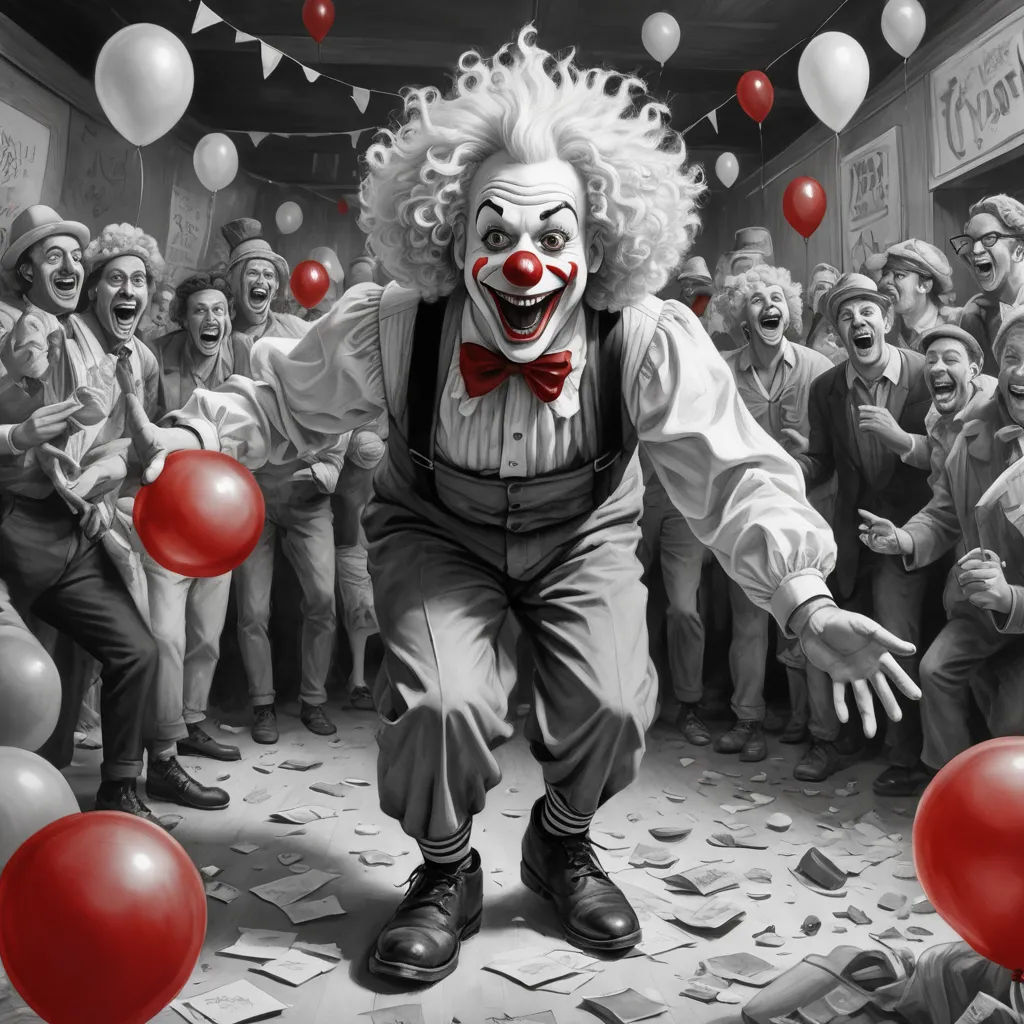 a clown is surrounded by balloons and confetti as he walks through a crowd of people in a circus, fantastic realism, an ultrafine detailed painting, Dirk Crabeth, madhouse