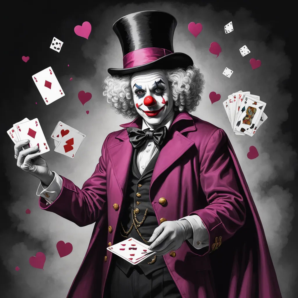a clown with a top hat and a suit holding playing cards and playing cards in his hands with hearts flying around, shock art, a character portrait, David Martin, magic the gathering artwork