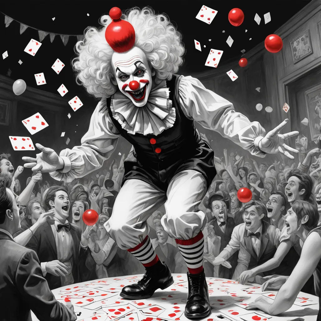 a clown juggling around a table with people in the background playing cards and balloons in the air above, abstract illusionism, an ultrafine detailed painting, David Martin, magic the gathering artwork