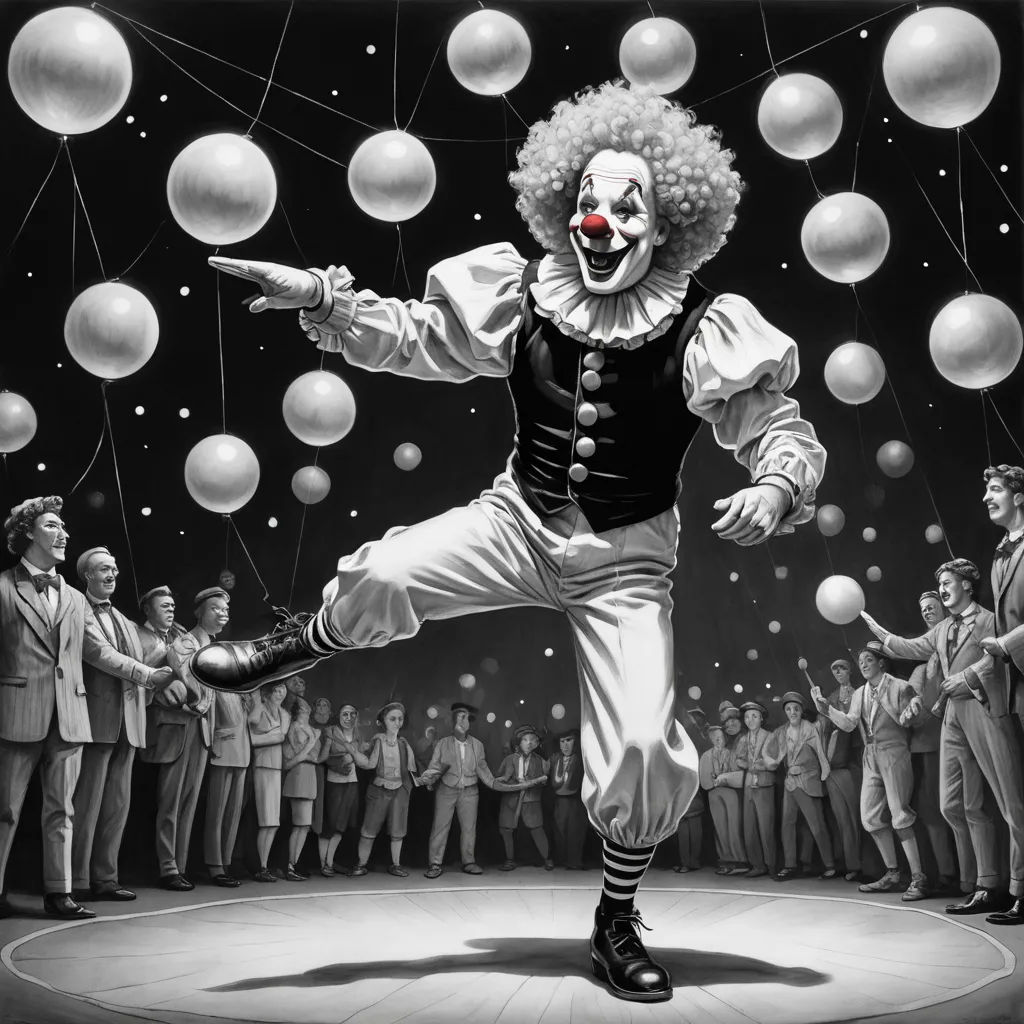 a clown is doing a trick in front of a crowd of people with balloons in the air and a clown with a red nose, pop surrealism, an ultrafine detailed painting, Ed Paschke, pj crook