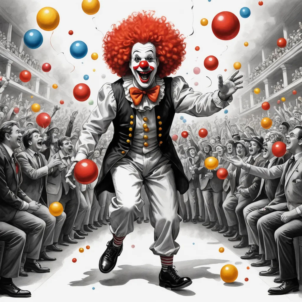 a clown with red hair and a red wig is surrounded by balloons and confetti as he walks through a crowd, pop surrealism, an ultrafine detailed painting, Chris LaBrooy, highly detailed digital painting