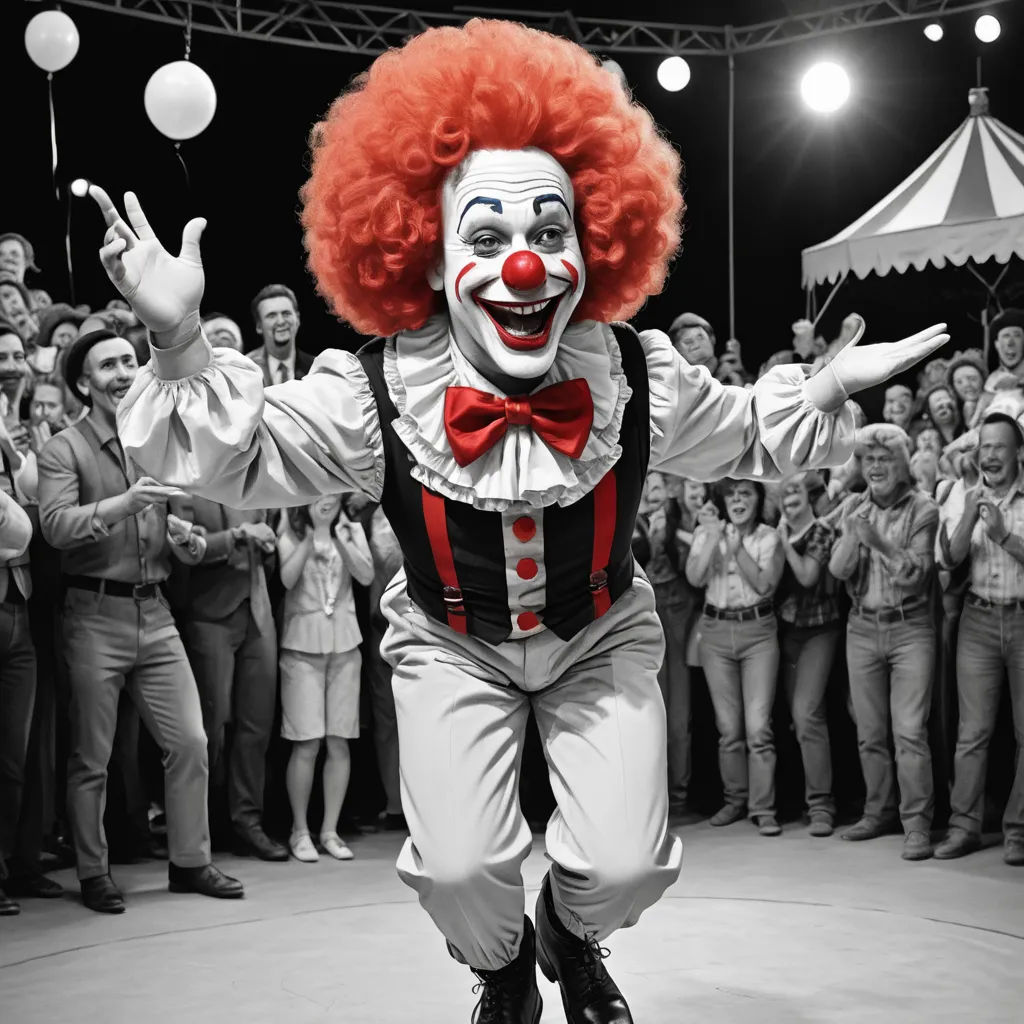 a clown is dancing in front of a crowd of people wearing clown makeup and clown wigs and holding a balloon, kitsch movement, a colorized photo, Bernd Fasching, promotional image