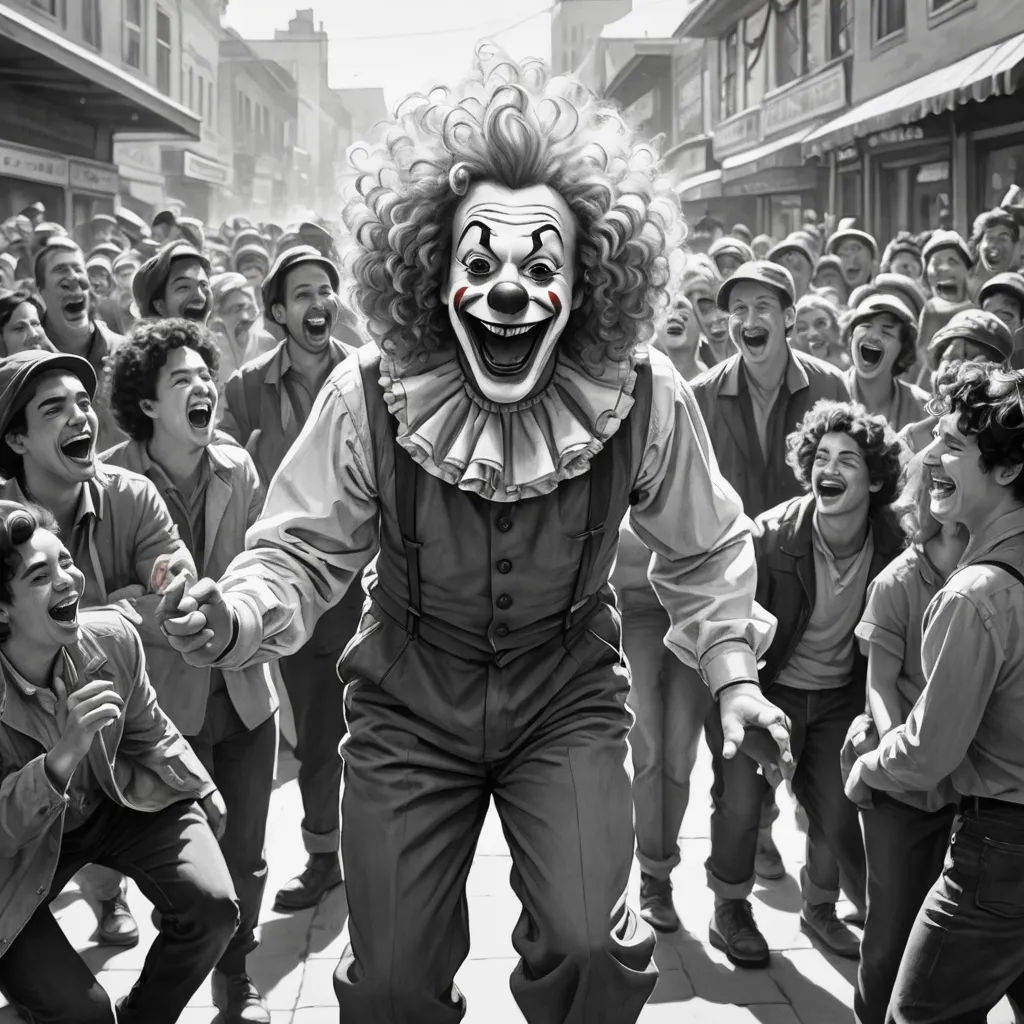 a clown is dancing in front of a crowd of people in a street with buildings and buildings in the background, harlem renaissance, a colorized photo, Eddie Mendoza, promotional image
