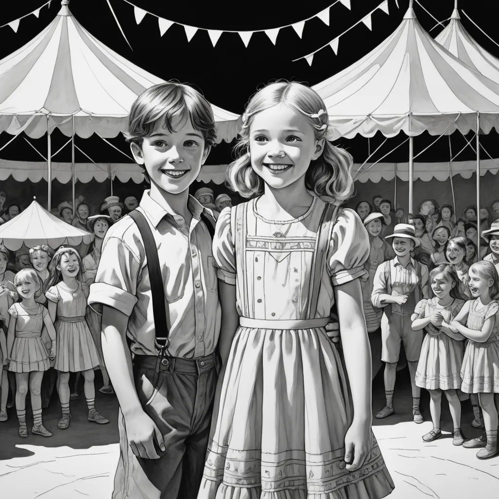 a black and white photo of two children standing in front of a crowd of people in a tent with flags, fantastic realism, a storybook illustration, Brad Kunkle, storybook illustration