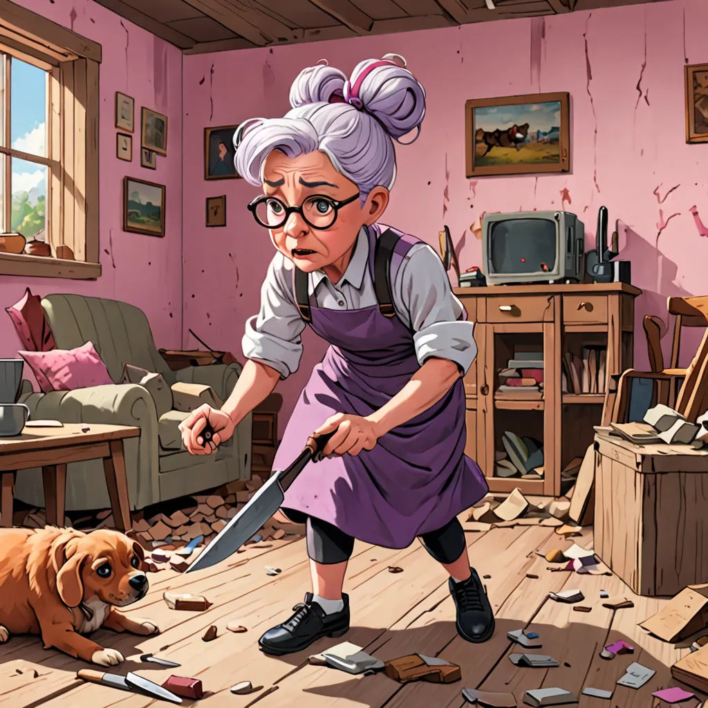 a cartoon of a woman with a knife in a room full of debris and a dog laying on the floor, auto-destructive art, a storybook illustration, F. Scott Hess, affinity photo