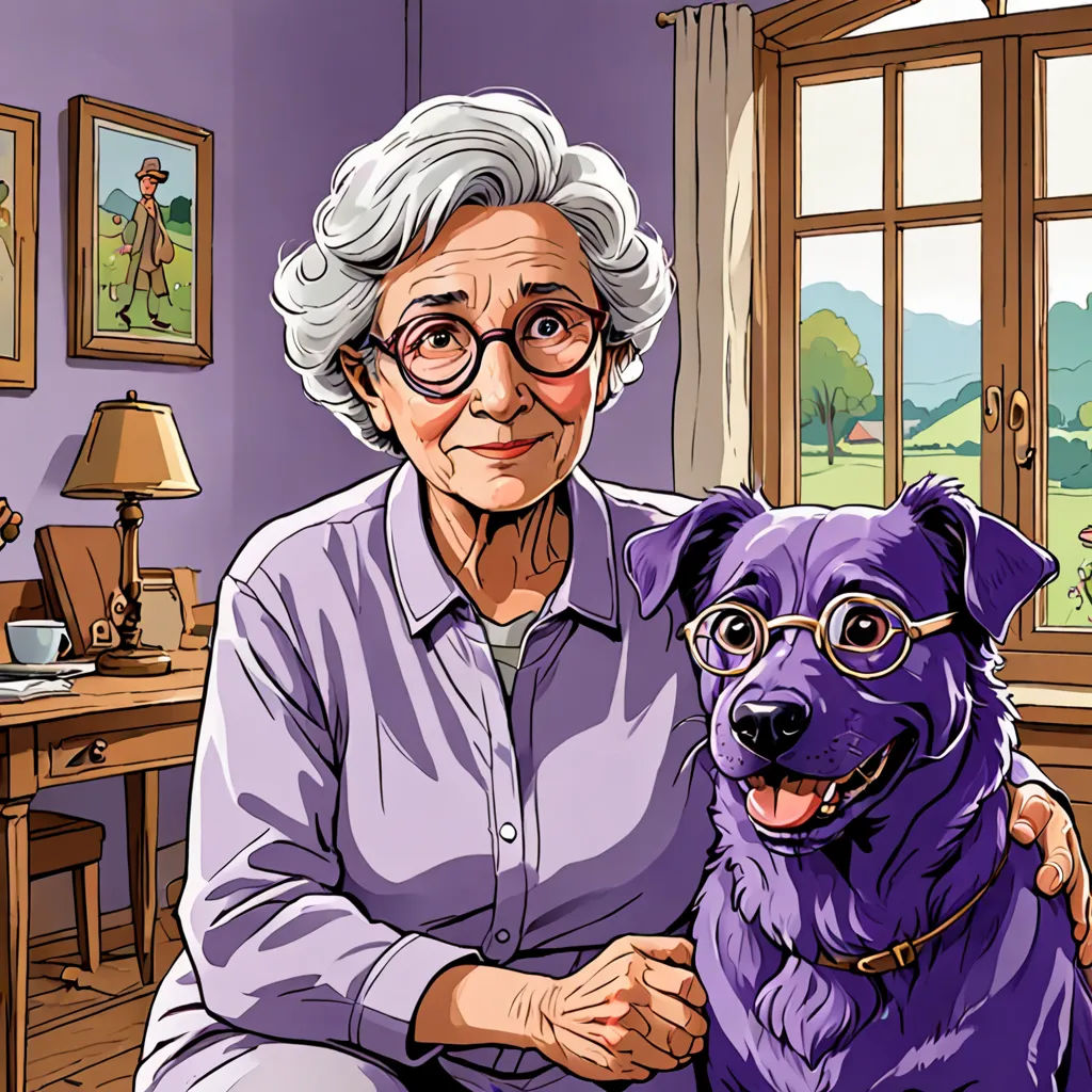 a woman sitting in a room with a dog in front of her and a window with a view of a countryside, serial art, a storybook illustration, Brenda Chamberlain, high detail illustration