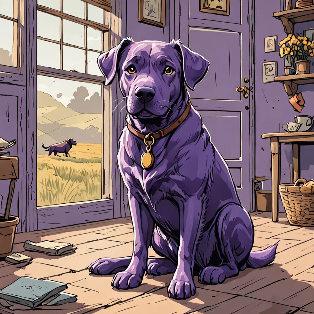 a dog sitting on a wooden floor in front of a purple door with a dog running outside of it, furry art, a comic book panel, Asaf Hanuka, purple