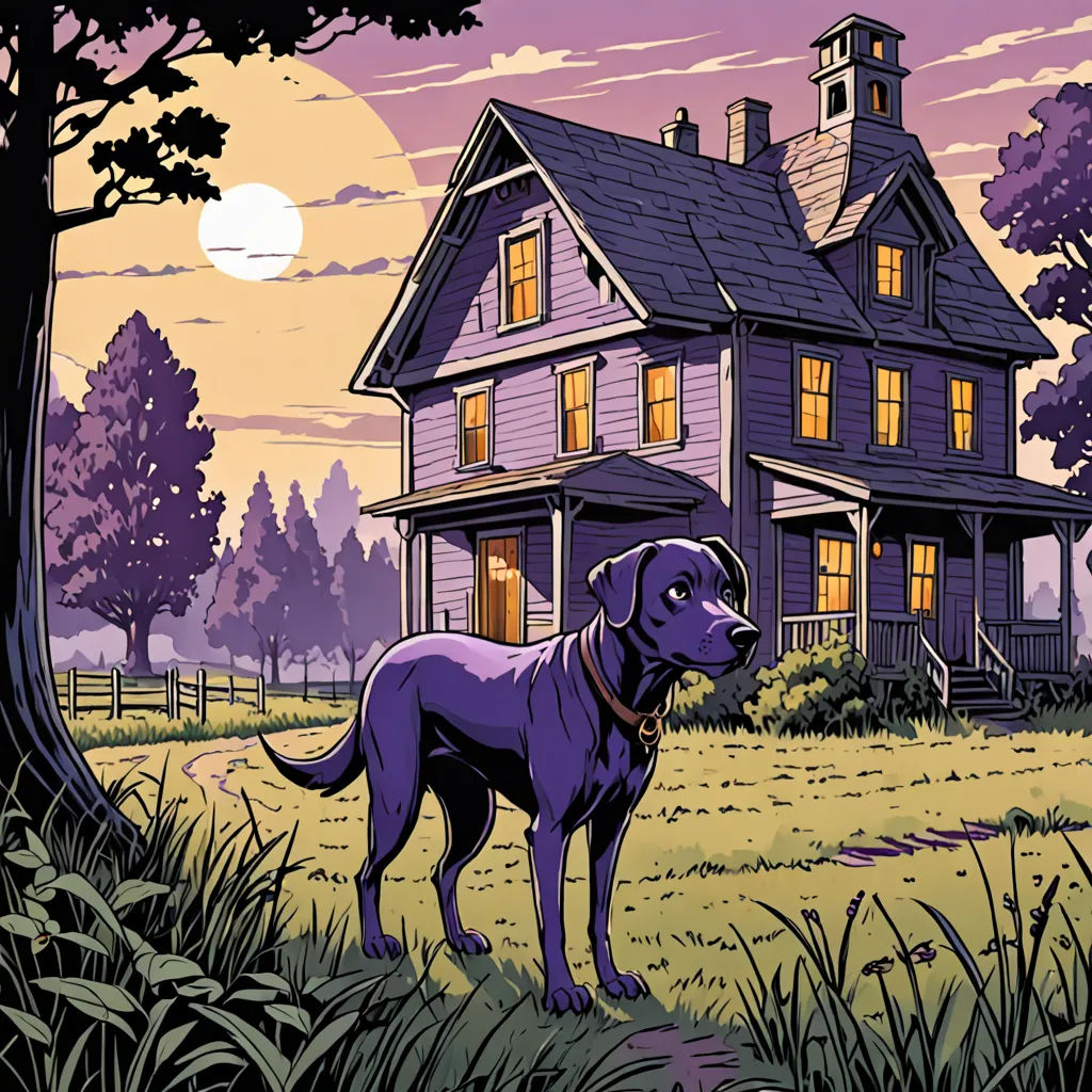 a dog standing in front of a house with a full moon in the background and a purple sky with clouds, american scene painting, a comic book panel, Asaf Hanuka, comic cover art
