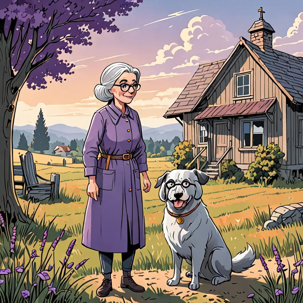 a woman standing next to a dog in a field near a house and a tree with purple flowers on it, american scene painting, a character portrait, Eileen Aldridge, comic cover art
