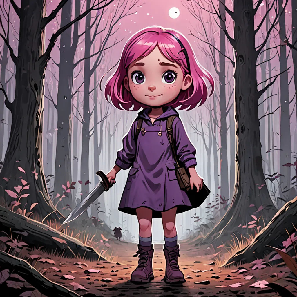 a little girl with pink hair holding a knife in a forest with trees and leaves on the ground and a pink light shining on her, sots art, a character portrait, Diego Gisbert Llorens, key art