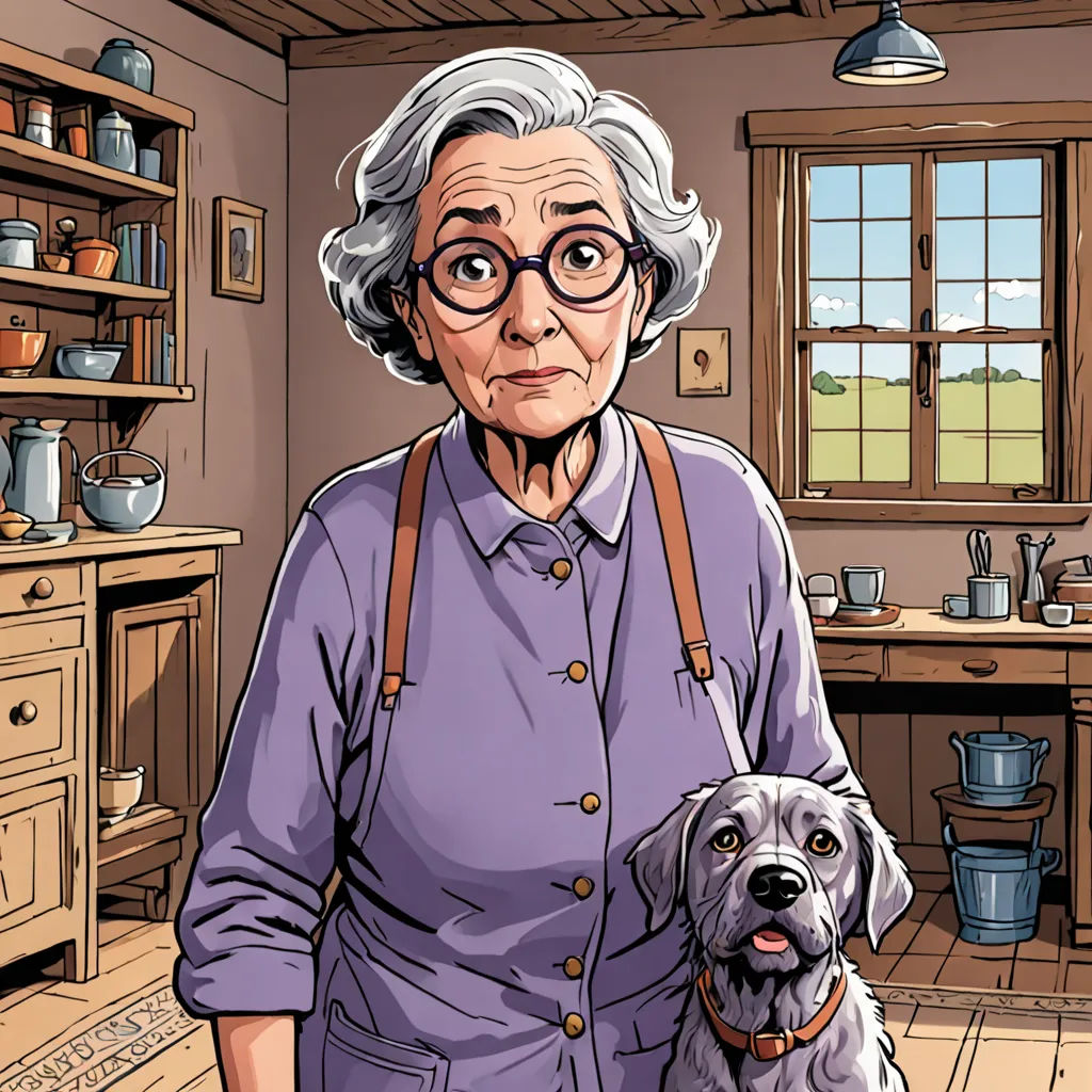 a woman in a kitchen with a dog in front of her and a window with a view of the outside, arts and crafts movement, a character portrait, Eileen Aldridge, character portrait