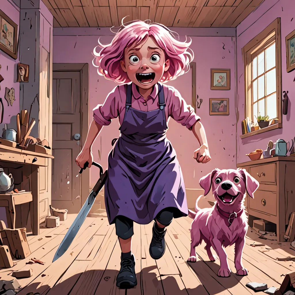 a cartoon of a woman with a knife and a dog in a room with a fireplace and a table, auto-destructive art, a comic book panel, Ada Gladys Killins, comic cover art