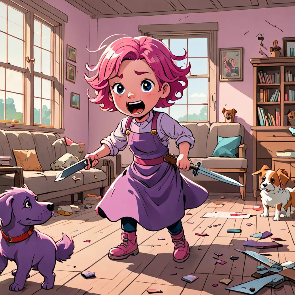a girl with pink hair is holding a knife and a dog is looking at her in the background and a dog is looking at her, auto-destructive art, a comic book panel, Ada Gladys Killins, official art