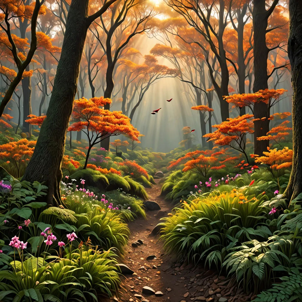 a painting of a forest with a path leading to a forest with flowers and trees with bright sunlight coming through the trees, fantasy art, a matte painting, David Martin, forest
