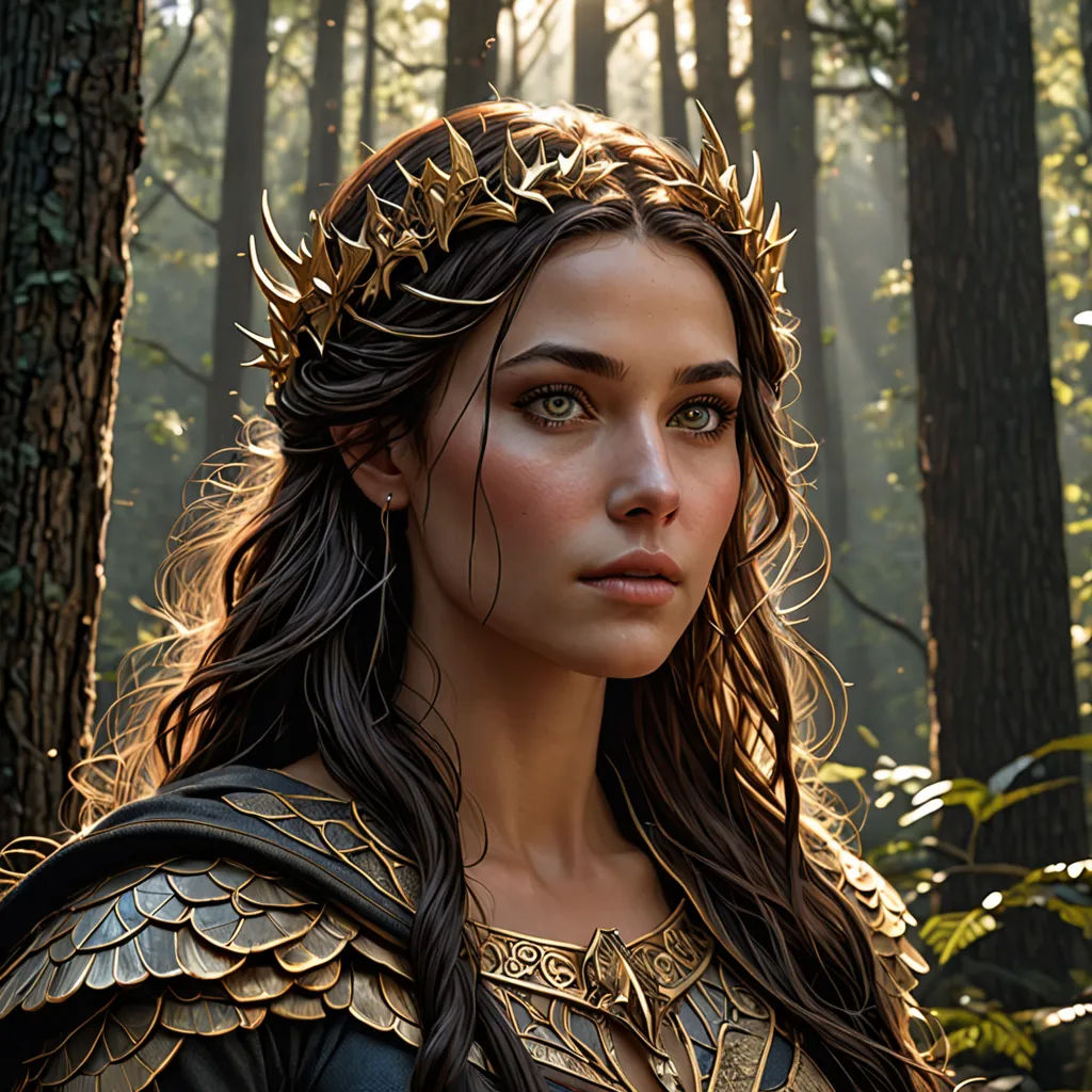 a woman in a crown and dress in the woods with trees in the background and sunlight shining through the trees, fantasy art, concept art, Clint Cearley, epic fantasy character art