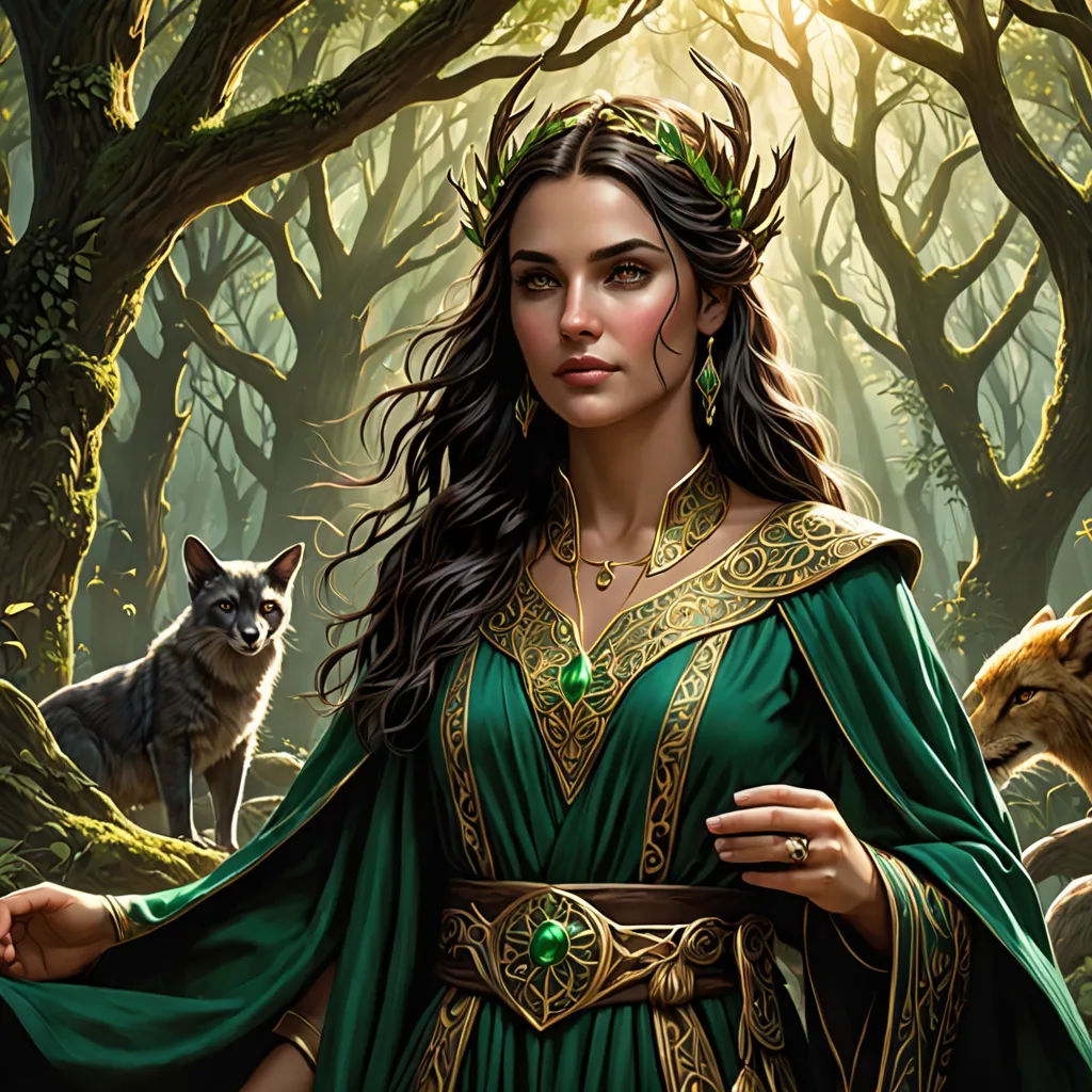a woman in a green dress standing in a forest with a wolf behind her and a wolf behind her, fantasy art, a detailed painting, Anne Stokes, epic fantasy character art