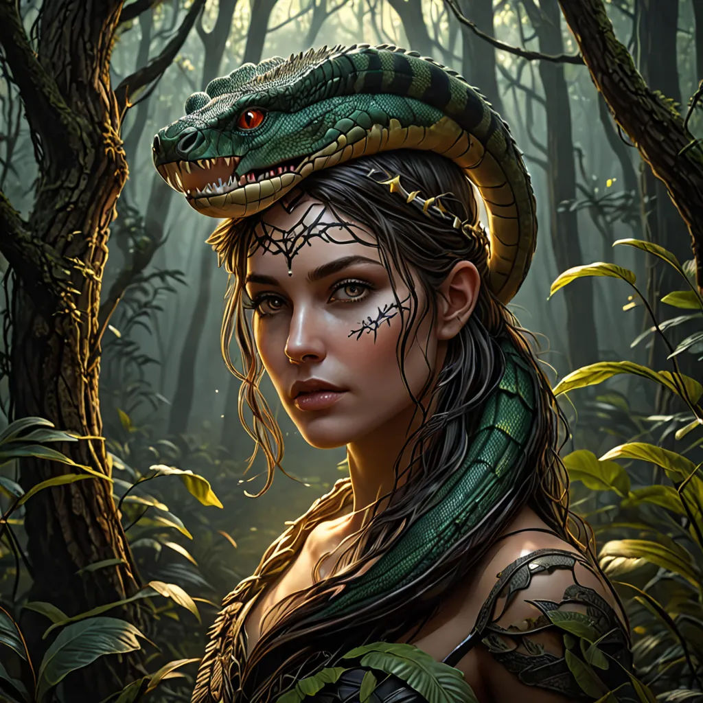 a woman with a snake on her head in the woods with a snake on her head and a snake on her head, fantasy art, a digital painting, Clint Cearley, magic the gathering artwork
