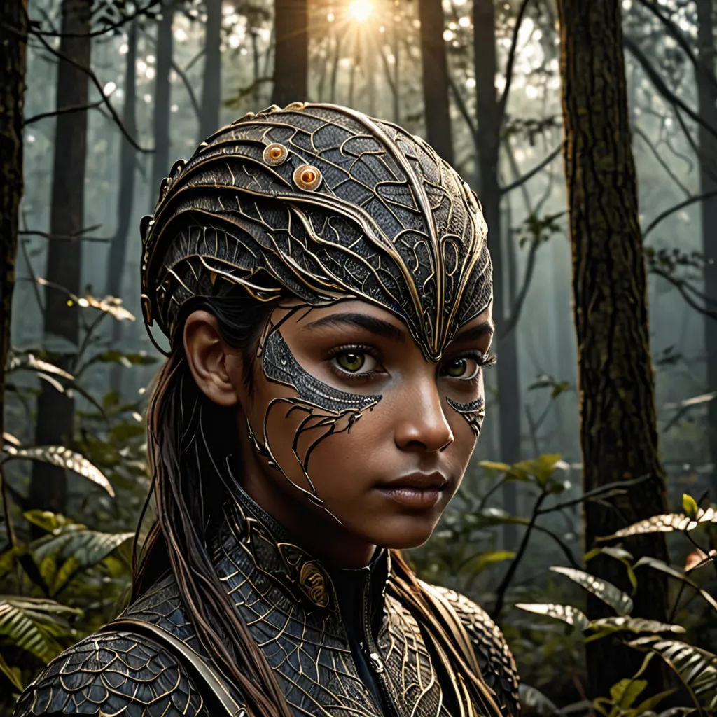 a woman with a face paint in the woods with trees in the background and sun shining through the trees, afrofuturism, a character portrait, Cedric Peyravernay, weta digital