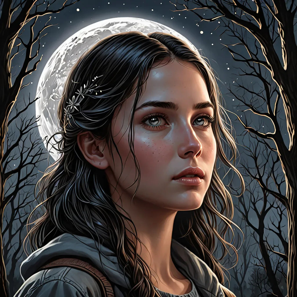 a painting of a woman with a full moon in the background and trees in the foreground, with a full moon in the background, fantasy art, a character portrait, Dan Mumford, highly detailed digital painting