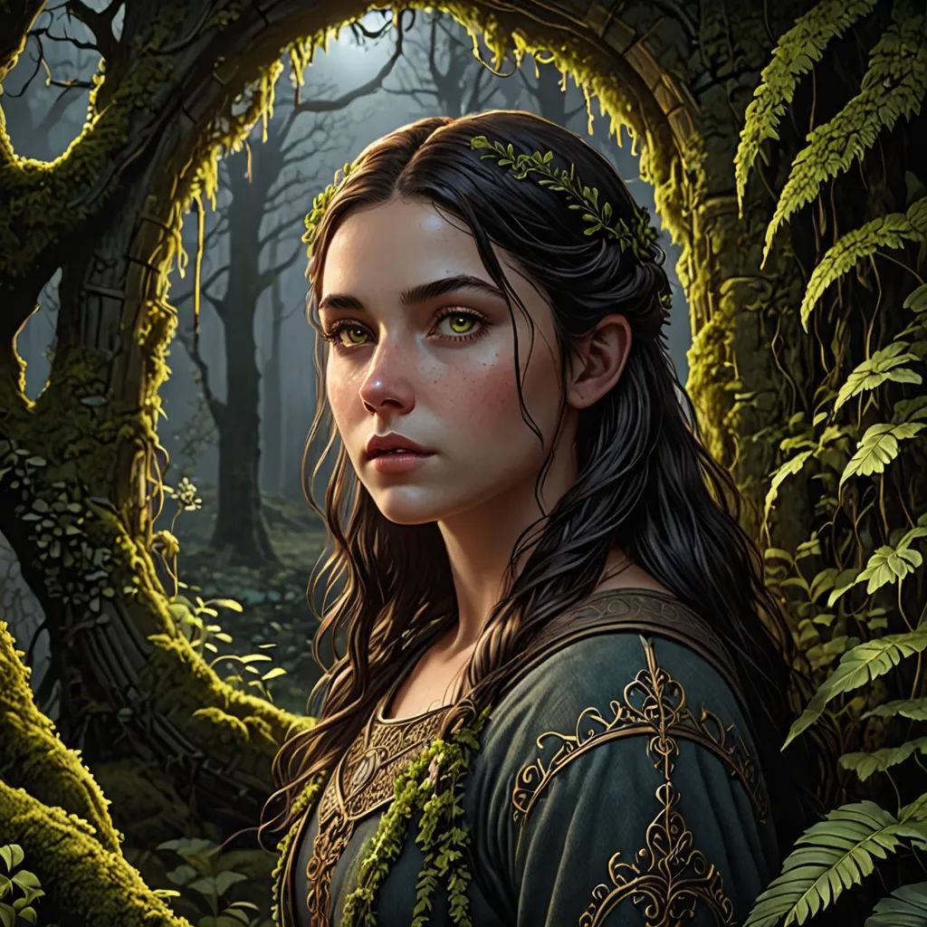 a woman in a forest with a wreath around her head and a forest background with ferns and ferns around her, fantasy art, a detailed painting, Clint Cearley, highly detailed digital painting