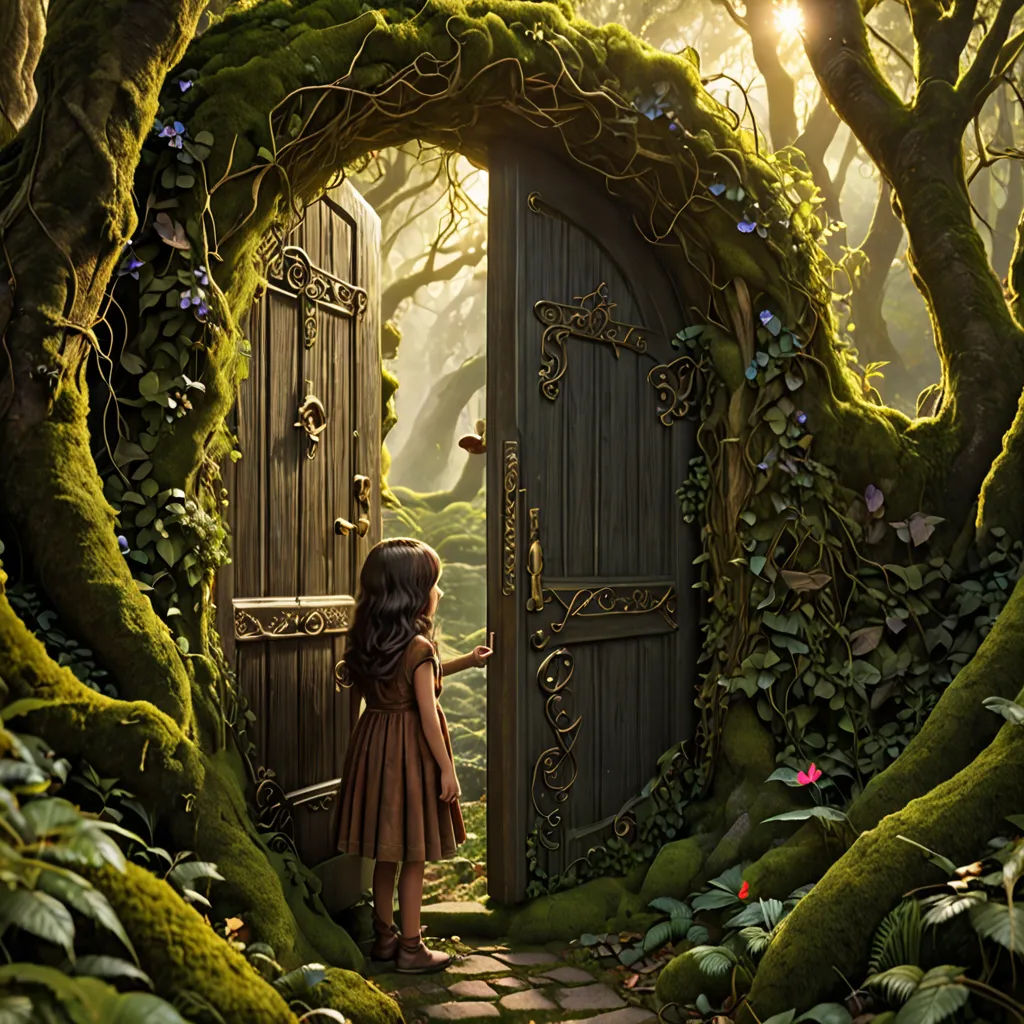 a little girl standing in front of a door in a forest with moss growing around her and a light shining through the door, magical realism, a detailed matte painting, Alice Prin, storybook illustration