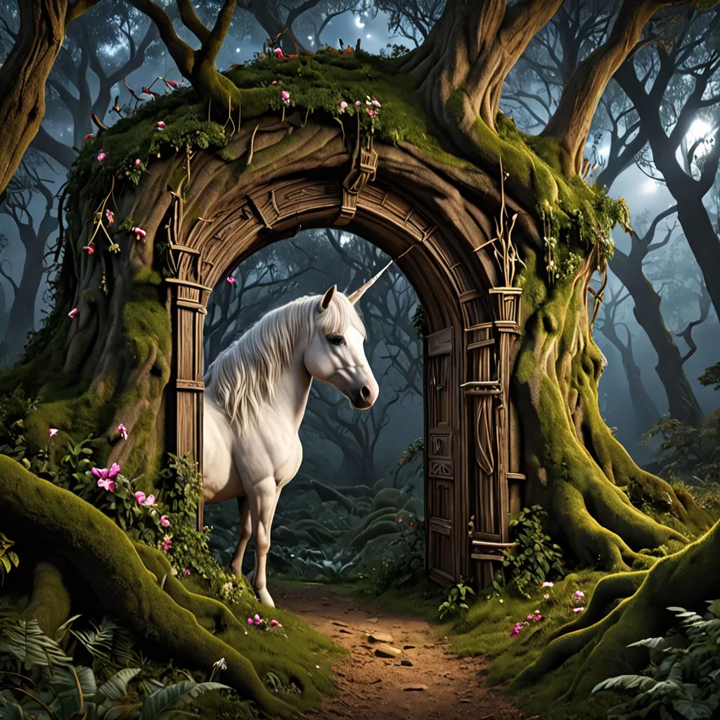 a white unicorn standing in a doorway in a forest with trees and flowers on the ground and a path leading to it, fantasy art, a detailed matte painting, Anne Stokes, fantasy artwork