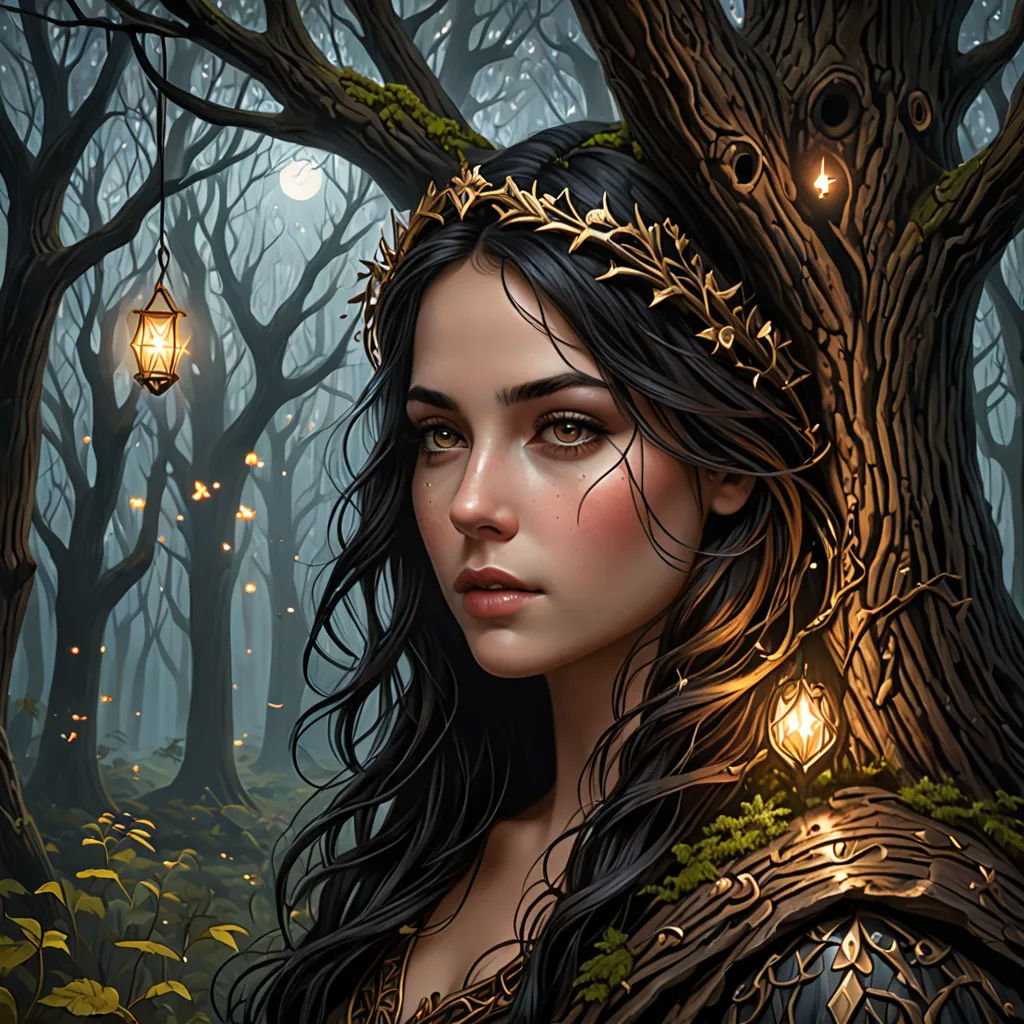a woman with a crown on her head standing in a forest with a lantern in her hand and a tree with leaves, fantasy art, a detailed painting, Charlie Bowater, highly detailed digital painting