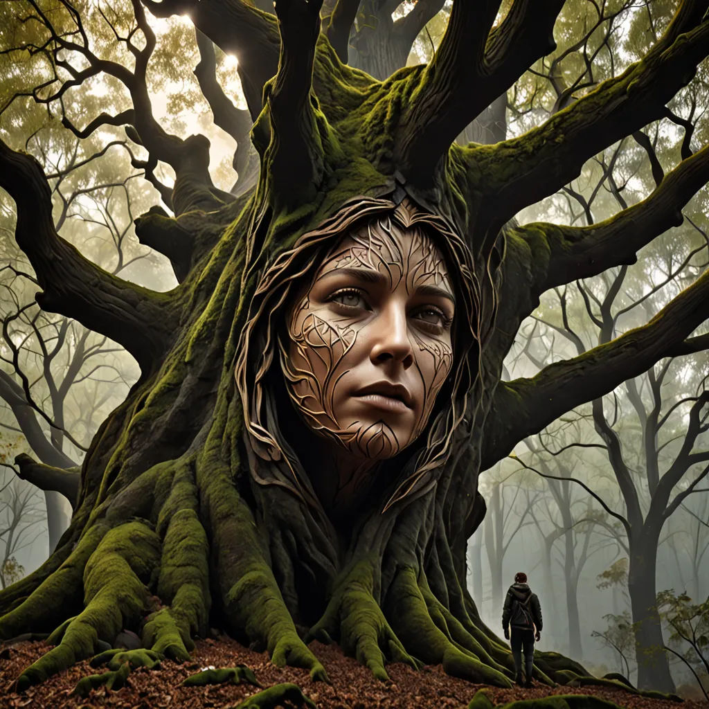 a painting of a woman's face in a tree with a man standing in front of it in the woods, fantasy art, an airbrush painting, Dirk Crabeth, highly detailed digital painting