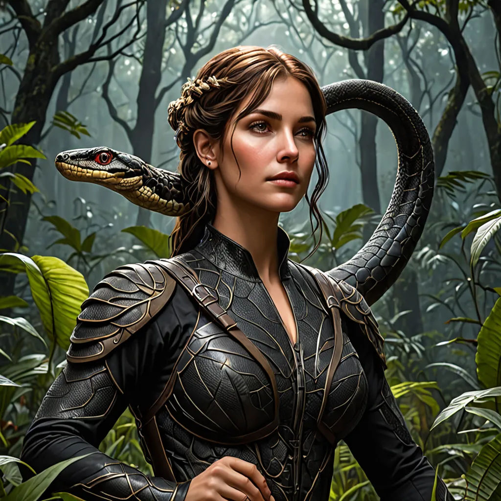 a woman in a black dress with a snake on her head in a forest with trees and bushes behind her, fantasy art, poster art, Aleksi Briclot, epic fantasy character art