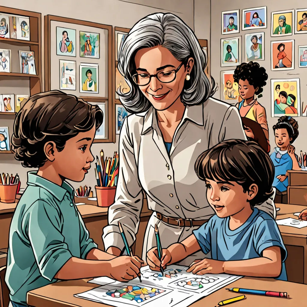 a woman and two children are sitting at a desk with a book and pencils in front of them, artist, academic art, a storybook illustration, storybook illustration