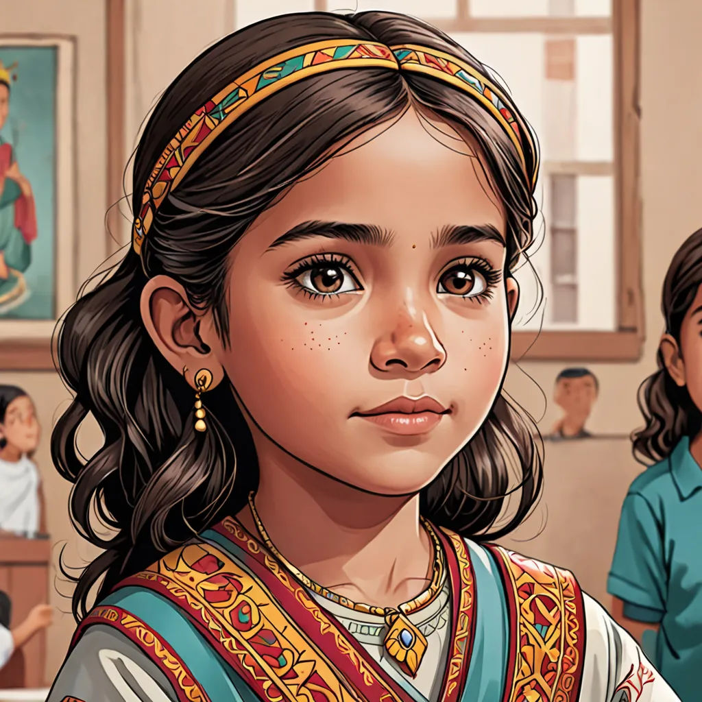a girl in a colorful dress standing in front of a group of people in a classroom with a painting on the wall, Ella Guru, bengal school of art, a detailed painting, high detail illustration