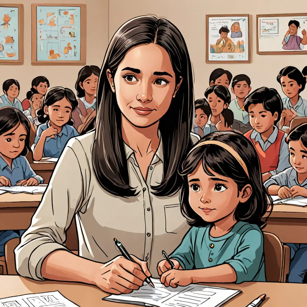 a woman and a girl sitting at a desk in front of a classroom full of children with books and papers, artist, paris school, a comic book panel, high detail illustration
