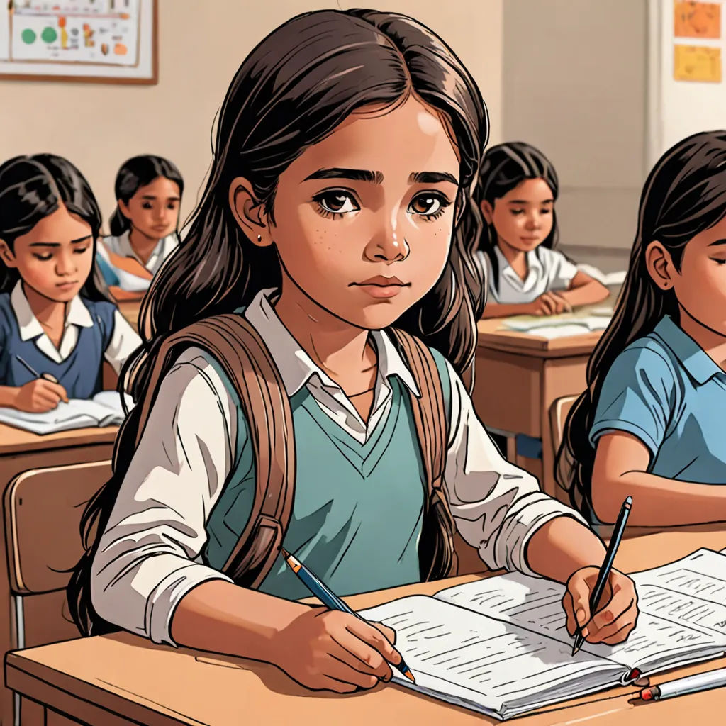 a girl is sitting at a desk writing on a paper with a pencil in her hand and another girl is sitting at a desk with a book, Diego Gisbert Llorens, vancouver school, a comic book panel, graphic novel