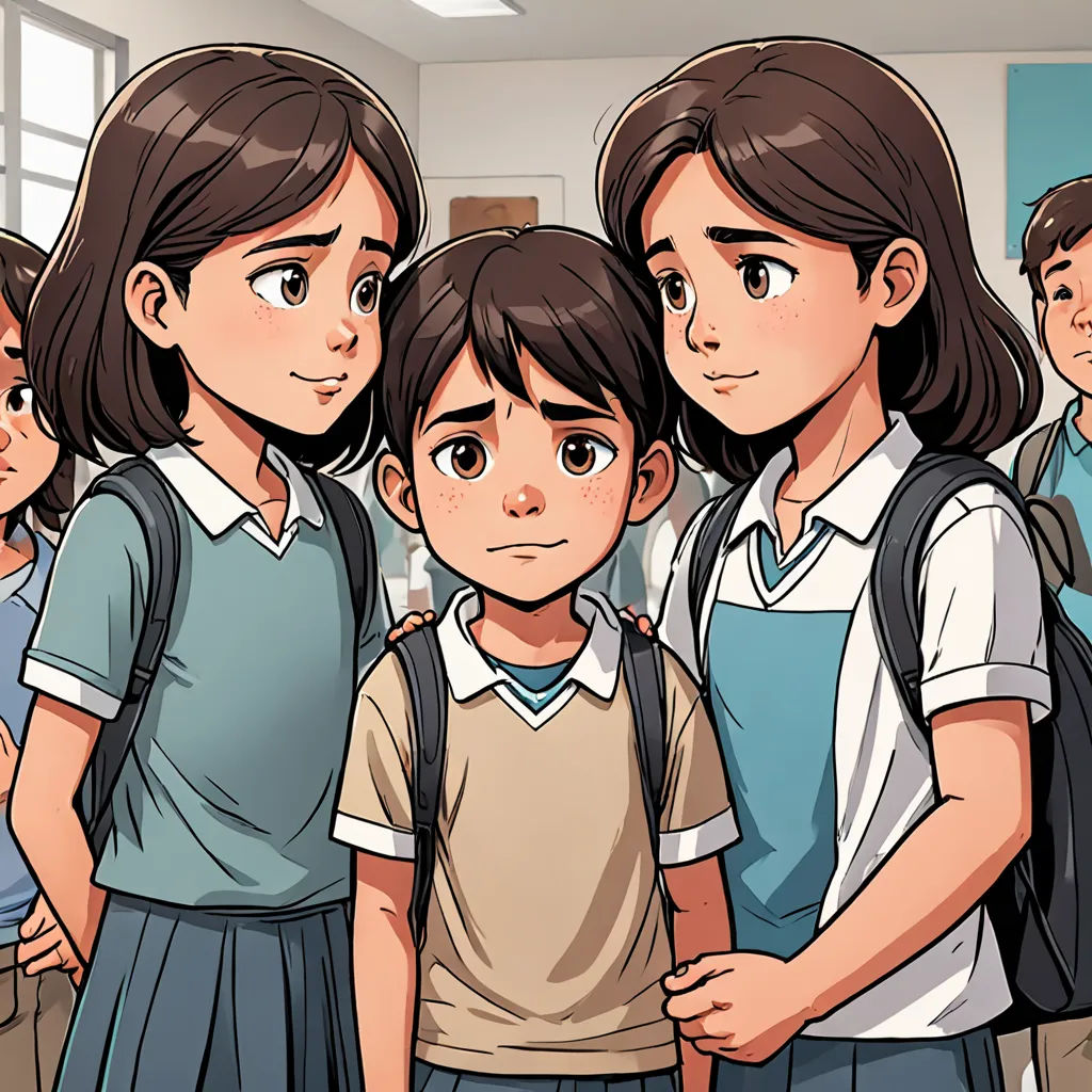 a group of children standing in a room with a backpack on their shoulders and a backpack on their shoulder, Diego Gisbert Llorens, serial art, a comic book panel, comic cover art