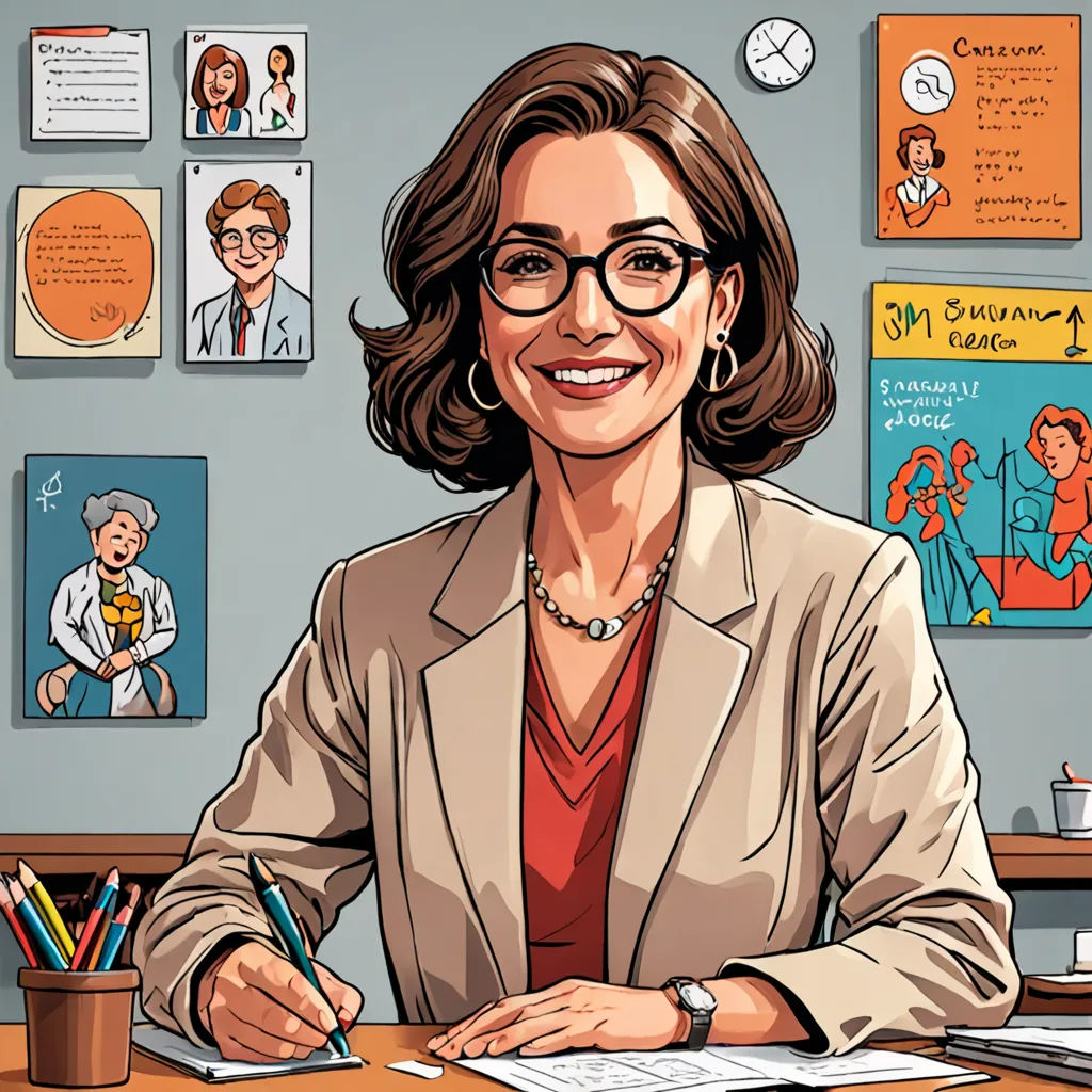 a woman sitting at a desk with a pen and paper in her hand and a bunch of pictures on the wall behind her, Ada Gladys Killins, academic art, a character portrait, high detail illustration